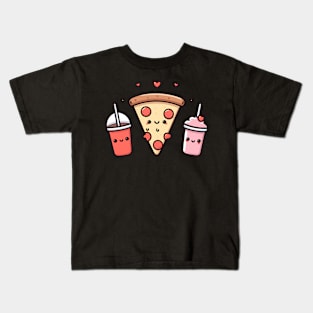 Kawaii Food Art with Pizza, Cola, Strawberry Milkshake, and Hearts | Cutesy Kawaii Kids T-Shirt